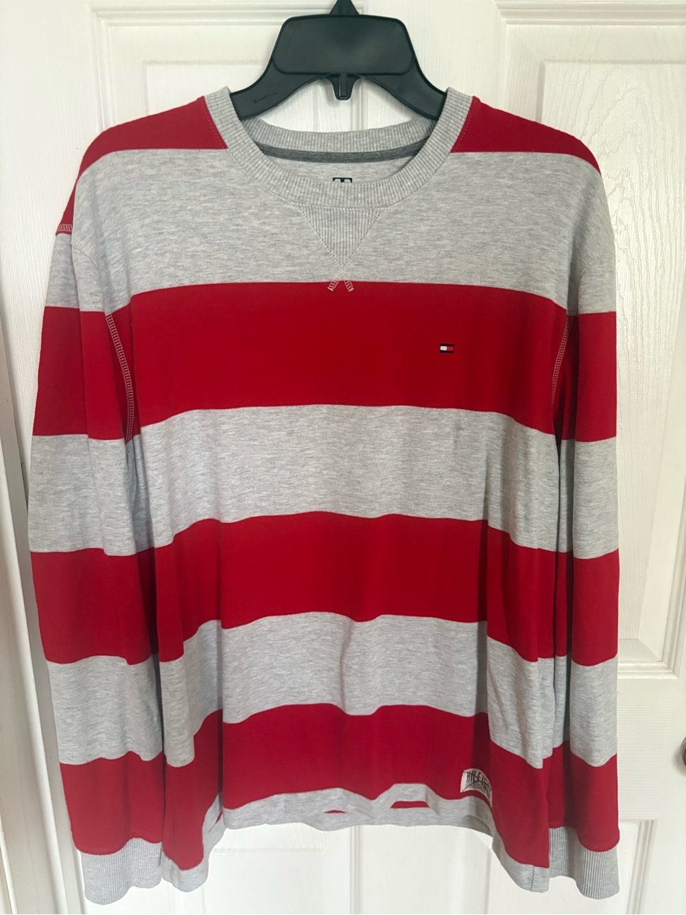 Tommy Hilfiger Red and Gray Striped Long-Sleeve Crewneck